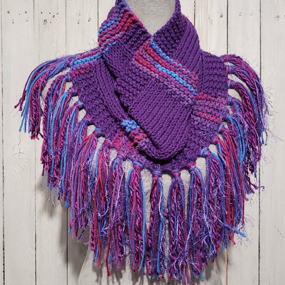 NEW Hand Knitted Blue Purple Women's Boho Cowl Scarf Fringe Artsy Whimsy Hippie